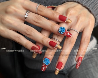 Luxury Matte Red and Elegant Blue Rose Press On Nails | 100% Handmade Rose | Gold Nails | Classic Nails | High Quality Nails | xlm2981