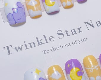 Cute Elephant and Moon Press On Nails | Short Nails | Purple Nails | Gel Nails | False Nails | Handmade Nails | xlm2733