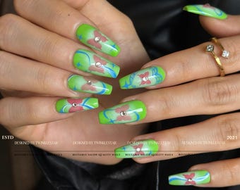 Y2K Cool Neon Green and Hand-painted Butterfly Press On Nails | Y2K Nails | Ins Nails | Glue On The Nails | Salon Quality Nails | xlm2895