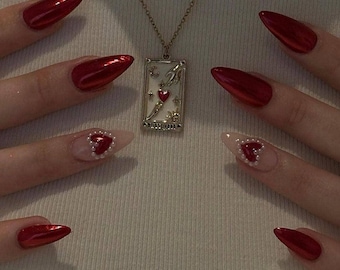 Red Chrome Heart Nails bling nails / handmade press on nails / casual nails / faux nails / salon quality nails at home