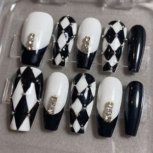 Cool Black and White Checkered | Reusable Sturdy Strong Gel Fake Acrylic Nails | Short Long Press On Nails | Salon Quality Nails|