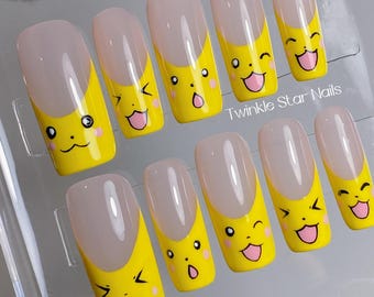 Kawaii Pikachu Inspired Press On Nails /Reusable Nails / Durable Gel Nails / Summer Nails / Fully Hand painted Nails / Salon Quality Nails