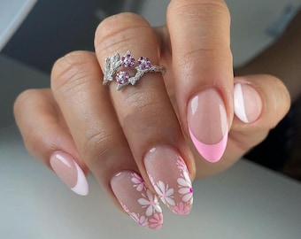 Pink and White Lace Flower / summer nails / high quality nails / solid nails / faux nails / unique nail design / inspo nails