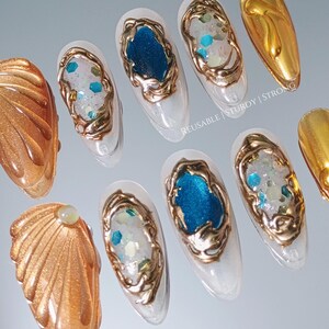 Gold Shell Blue Crystal Gemstone Press On Nails, Luxury Gold Chrome Nails, Ocean Inspired Gem Nails, Reusable Handmade Nails image 14