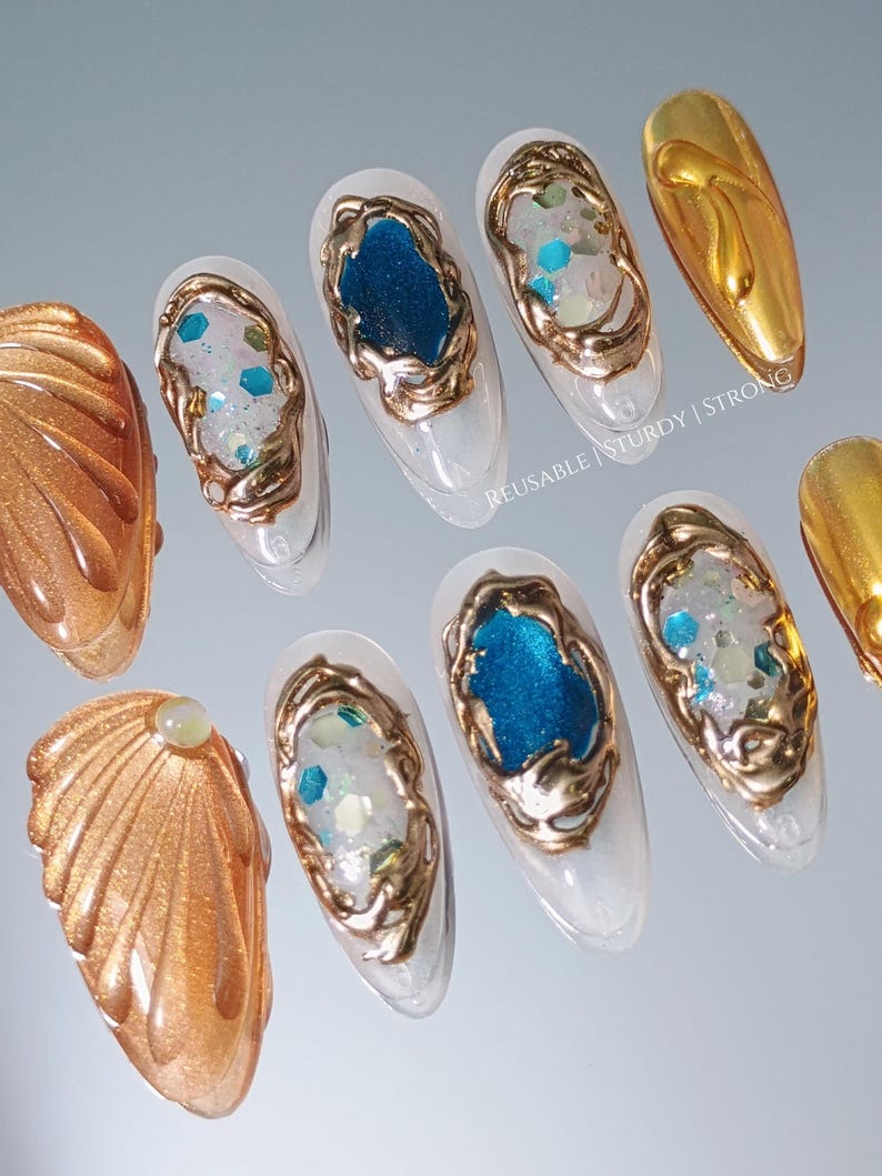 Gold Shell Blue Crystal Gemstone Press On Nails, Luxury Gold Chrome Nails, Ocean Inspired Gem Nails, Reusable Handmade Nails image 14