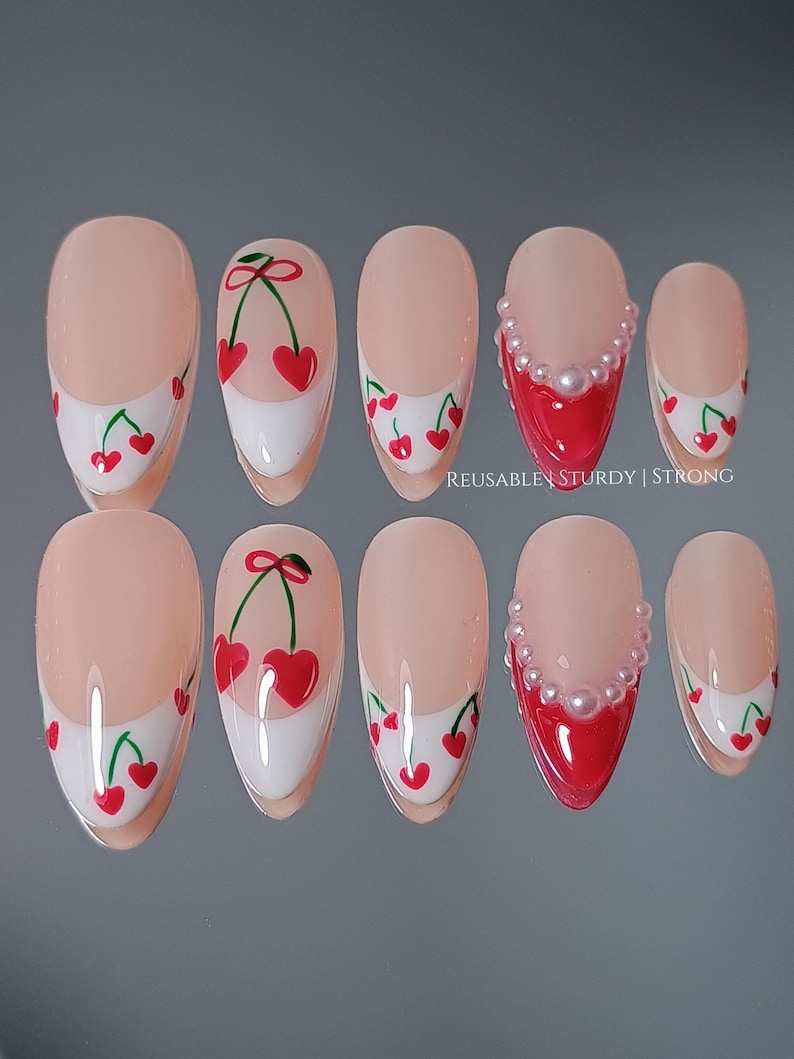 Sweet Cherry Kiss | Durable Handmade Nails | Summer Nails | Elegant Nails | Rich and Glossy Gel Finish |xh523 Bild 2