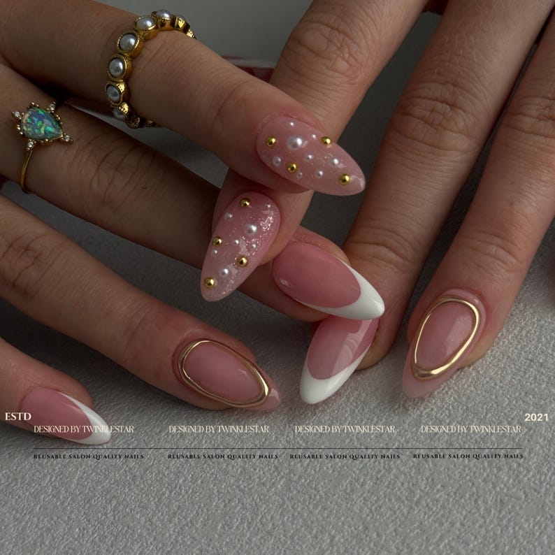 Chic Pink and White Glitter Press-On Nails,| Gold Chrome Nails, Handmade White Frenchtip Press Ons, Custom Nails, HJ557 image 2