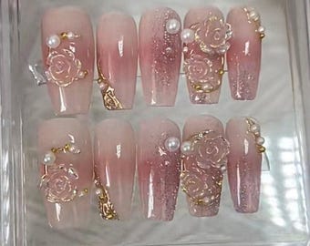 Elegant Clear Rose Glitter Press On Nails | Premium Nails | Gorgeous Nails | Luxury Nails | Pretty Nails | yyz1301