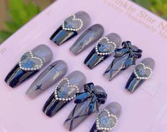 NEW NEW! | Glamorous Glitter Cool Black Heart Press On Nails | Chain Nails |Gel Nails | Ribbon Nails | rmz432