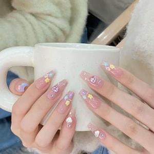 Clear Based Colourful  Flower Tiny Heart Press On Nails | Clean Nails | Premium Nails | Summer Nails | Glue On Nails | yyz1243