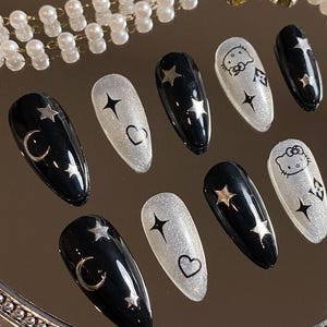 Black Kitty and Stars | Reusable Gel Press On Nails | Durable Nails | 3min to apply at home | Salon Quality Nails