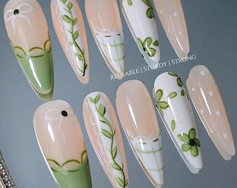 Long Sage Green Leaf Press On Nails | Handmade Press Ons Faux Acrylic Gel Nails, Short Long Nails, Cat Eye Nail Art, rrz431