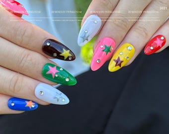 Reusable Rainbow Stars | Press On Nails, Acrylic Nails, Reusable Fake Nails, Custom Nails, Handmade Nails, Flower Nails, xhj334