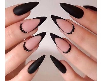 Custom Design No.131 Press On Nails | Matte Black Nails | Almond Nails | Elegant Press Ons | Handmade Nails | Salon Quality Nails