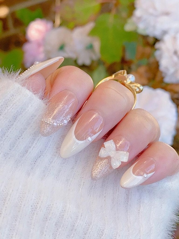 Glossy Clean Girl French Tip Press on Nail, Neutral Elegant Nails