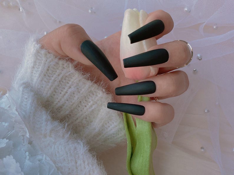 Reusable Matte Black Press On Nails | Hidden Gem Nail Shop | Acrylic Nails |False Nails | Glue On Nails | Handmade Press-ons | lmz116 image 1