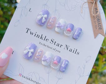 Y2K Pink Little Heart Dreamy Press On Nails | Hand-painted Clouds Nails | Cute Nails | Well Hand Made Press On Nails | rmz453