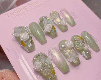 Beautiful Jadeite Jade Inpired Press On Nails | Icy Green Nails | Nature Green Nails | Faux Nails | lmz1502