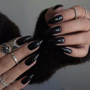 Glossy Black Press On Nails, True Black Fake Nails, Classic Black Almond Press-Ons, Reusable Handmade Glue On Nails,  Imz1722