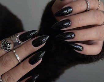 Glossy Black Press On Nails, True Black Fake Nails, Classic Black Almond Press-Ons, Reusable Handmade Glue On Nails,  Imz1722