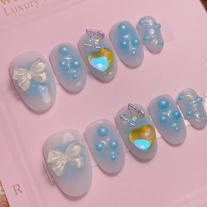 Short Bubbles and Aurora Heart Nails | Premium Nails | Reusable Nails | Cute Nails | Short Nails | Handmade Nails | yyz1276