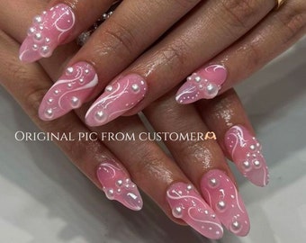 Beautiful Swirl Jelly Pink Pearls Press On Nails | Summer Nails | Pretty Nails | Gel Nails | Handmade With Love | xyz127