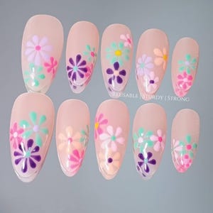 Reusable Colorful Daisy Press-On Nails, Pastel Flower Almond Glue On Nails, Reusable Handmade Glossy Gel Manicure, XHJ618 image 5