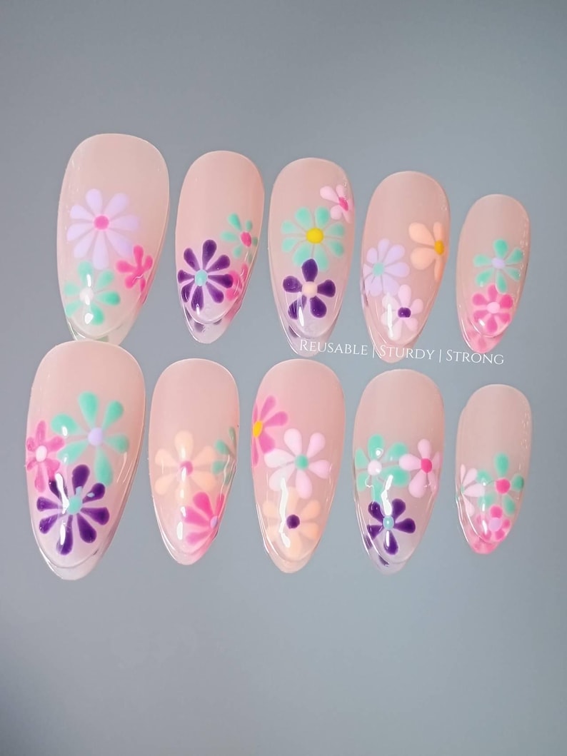 Reusable Colorful Daisy Press-On Nails, Pastel Flower Almond Glue On Nails, Reusable Handmade Glossy Gel Manicure, XHJ618 image 5