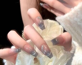 Grey Blue Galaxy with Tiny Diamonds Press On Nails | Elegant Nails | Beautiful Nails | Glue On The Nails | Handmade Nails | xyz1266