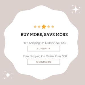 The image is a promotional banner for an online store that offers free shipping on orders over $50. It features a white background with a gold star and text that reads "BUY MORE, SAVE MORE" and "Free Shipping On Orders Over $50" in two different languages, "AUSTRALIA" and "WORLDWIDE".