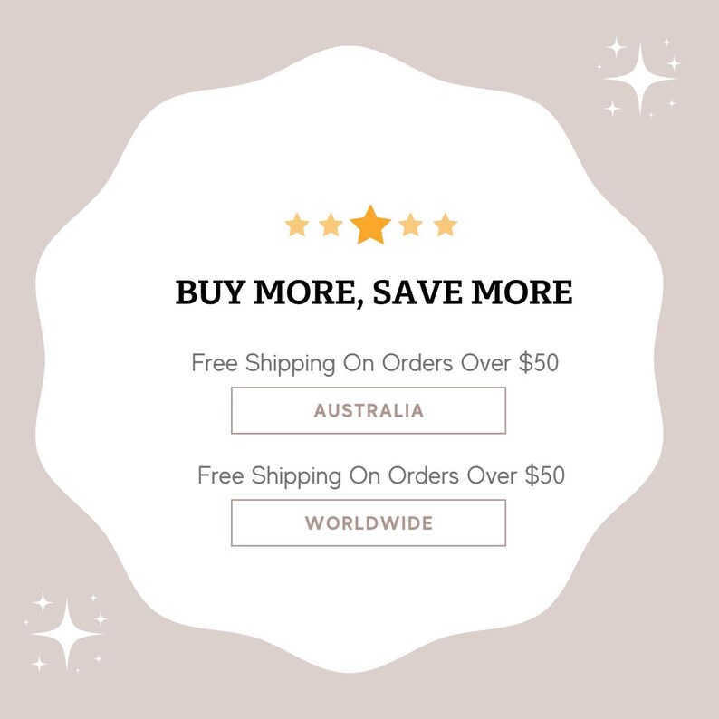 The image is a promotional banner for an online store that offers free shipping on orders over $50. It features a white background with a gold star and text that reads "BUY MORE, SAVE MORE" and "Free Shipping On Orders Over $50" in two different languages, "AUSTRALIA" and "WORLDWIDE".