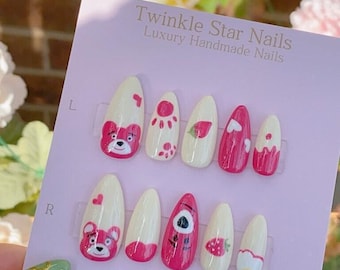 Kawaii Pink Teddy and Strawberry / Durable Nails / Premium Nails / Gel Nails / Glue On The Nails / Salon Quality Nails
