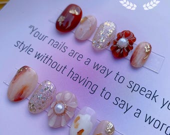 NEW NEW! | Short Pearl Water Ripple Flower Press On Nails | Gorgeous Nails | Gold Flakes Nails | Gel Pressons | High Quality Nails | rmz441