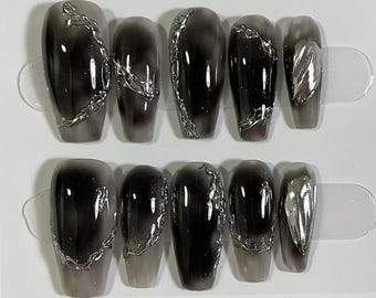 Black Marble With Silver Chrome Press On Nails | Y2K Nails | Cool Nails | Black Nails | Handmade Nails | yyz1112