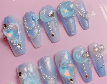 Gorgeous Tiffa** Necelace Clear Blue Crystals Press On Nails | High Quality Nails | Valentine Nails | Beautifully Handmade Nails | xlm142