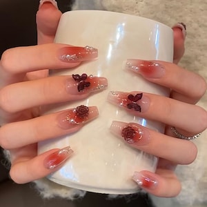 Deep Burgundy Flower On The Pearls Press On Nails | Elegant Nails | Luxury Nails | Glitter Nails | Beautifully Handmade Nails | yyz1065