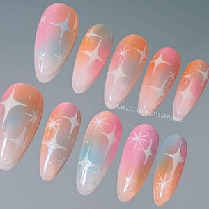 Premium Rainbow Stars | Durable Press On Nails | Summer Nails | Celestial Nails | Reusable Nails | xwj192