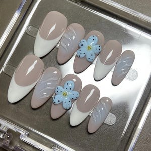 Blue Oasis and Pure White French Tips | Reusable Sturdy Strong Gel Fake Acrylic Nails | Short Long Press On Nails | Salon Quality Nails| image 4