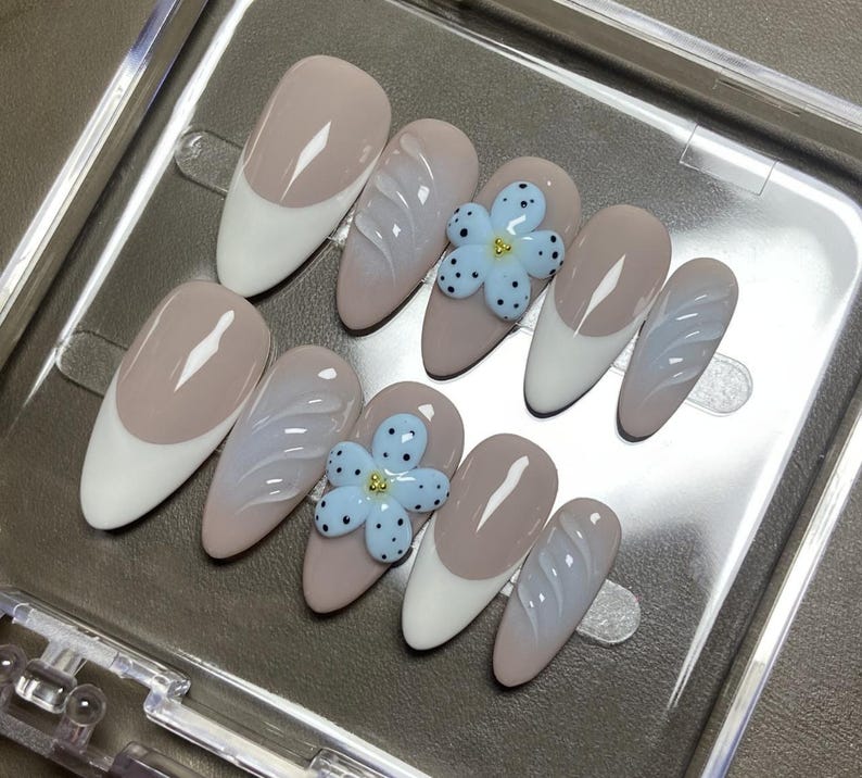 Blue Oasis and Pure White French Tips | Reusable Sturdy Strong Gel Fake Acrylic Nails | Short Long Press On Nails | Salon Quality Nails| image 4
