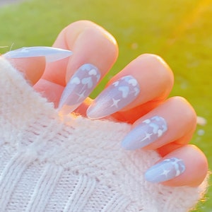 New Version | Medium Baby Blue Reflective Cat Eye Little Heart Press On Nails | Gel Nails | Heart Nails | Cat Eye Nails | lmz142