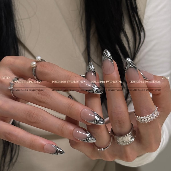 Silver metal abstract nails, liquid chrome french tip nails, cyberpunk goth y2k medium almond press ons, XH141