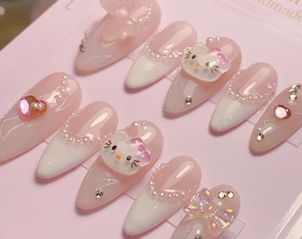 Kawaii kitty and Aurora Bows | Reusable Nails | Gel Nails | Cute Nails | Almond Nails | Handmade Nails | xxm1567