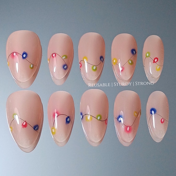 Christmas string lights Press-Ons | premium nails, holiday nail art, glue on nail, gifts for her, Handmade Nails, yyz382