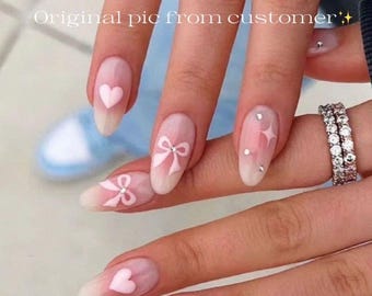 Custom Design No.27 Press On Nails | Jelly White & Pink Blush | Hand-painted Bow | Luxury Nails | High Quality Nails | Gel Nails | rmz1825