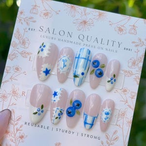 Blueberry Patchwork Cottage Press On Nails | Reusable Press Ons | Handmade Fake Nails | Acrylic Faux Nails | Salon Quality Nails | XHJ623