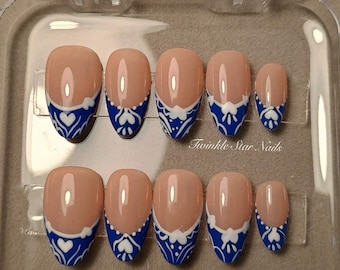 Qinghuaci Blue Press On Nails / Gorgeous Nails / Summer Nails / Strong Gel Nails / 3min to apply at home / Salon Quality Nails