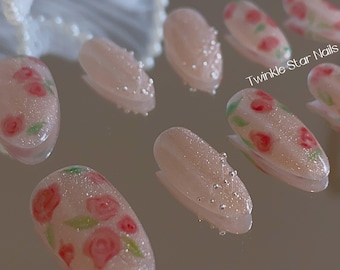 Luxury Oil Painting Tiny Rose Press On Nails | Pink Cat Eye Nails | Elegant Nail Art | Holiday Nails | Summer Nails | Salon Quality Nails