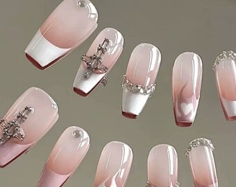 Mermaid Nude Dark Pink Cross Diamond Charm Press On Nails | French Nails | Luxury Nails | Premium Nails | Salon Quality Nails | xyz1666