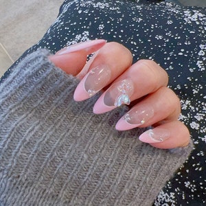 Cute Pink French And Aurora Ribbon Press On Nails | Gel Nails | Summer Nails | Holiday Nails | Salon Quality Press On Nails | yyz1377