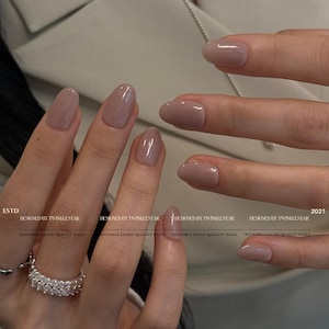 Glossy Sheer Taupe Press-On Nail, Reusable Neutral Fake Nails | Short Round Almond Glue On Nails, Handmade Custom Luxury Press Ons, A68
